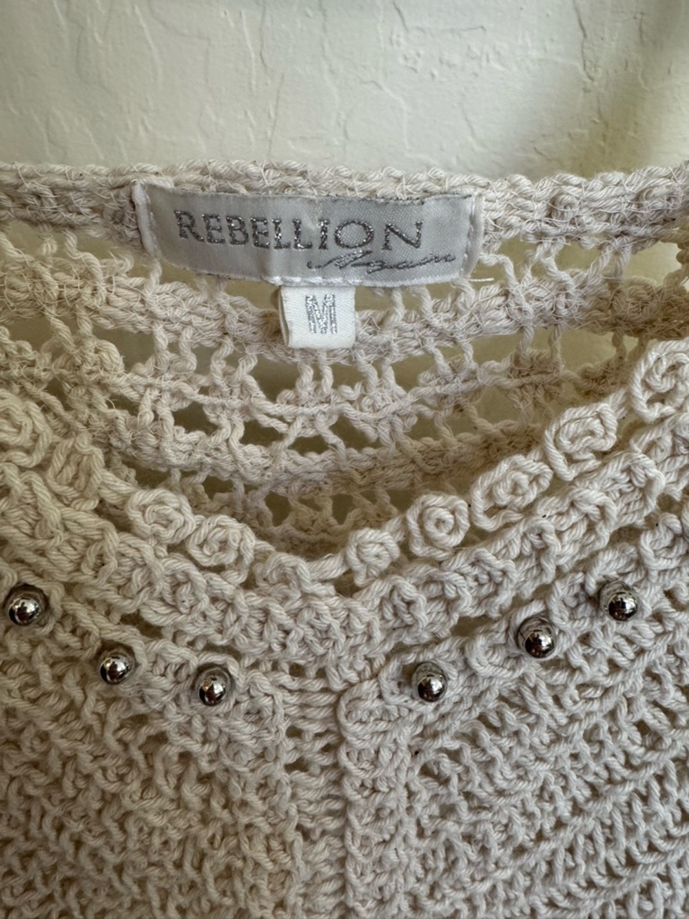 Rebellion Again Cream Crochet Beaded Crop Top Boho Cottagecore Medium - Picture 2 of 8